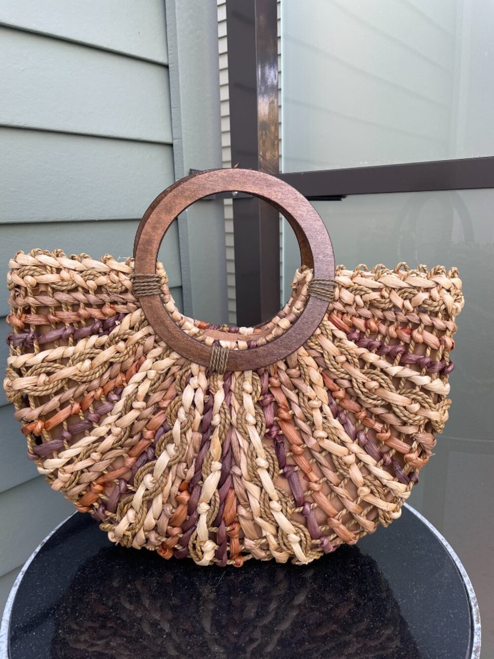 Woven Straw Boho Handbag Wooden Ring Handle Beach Tote Purse Resort Style - Picture 3 of 7